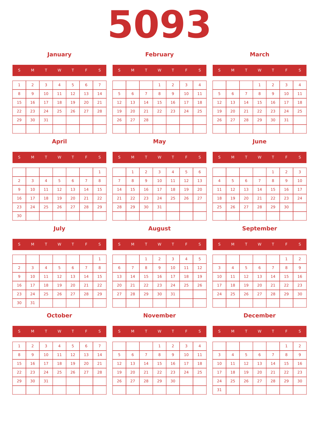 Printable 5093 Year Calendars red