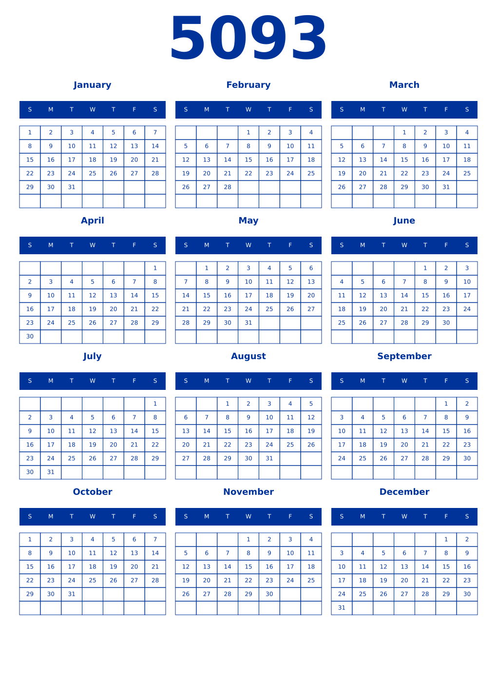 Printable 5093 Year Calendars smalt