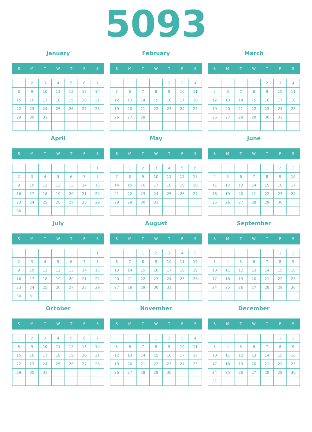 Printable 5093 Year Calendars verdigris