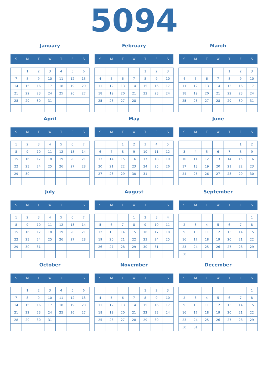 Printable 5094 Year Calendars blue