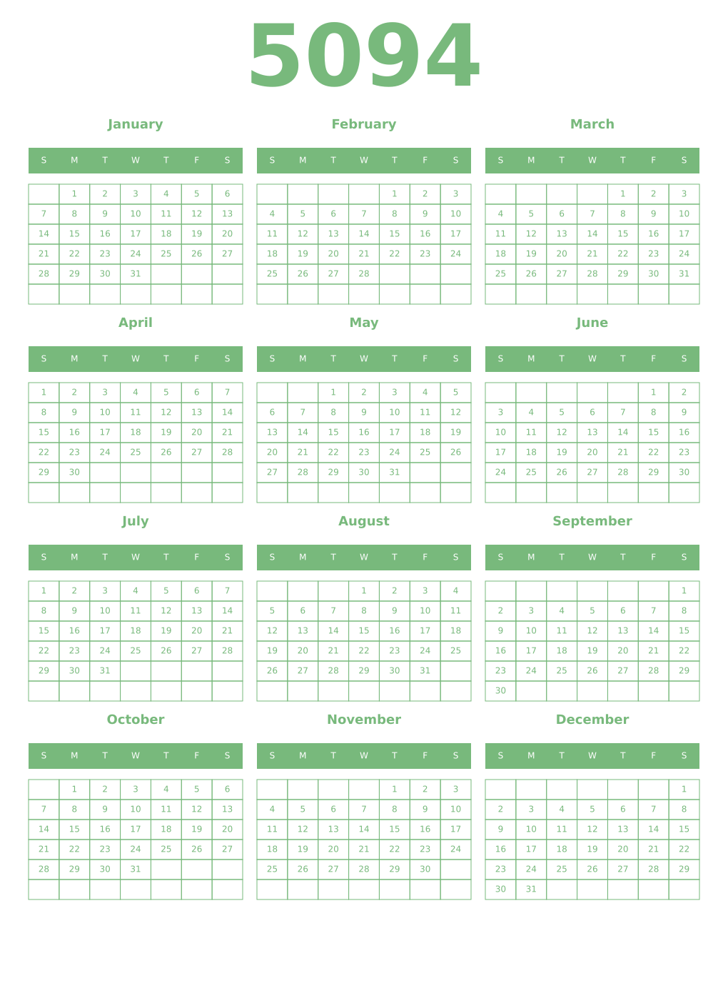 Printable 5094 Year Calendars celadon