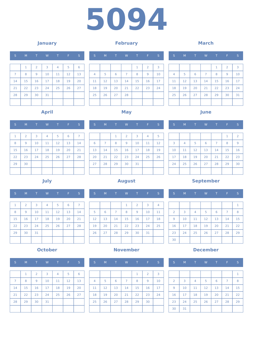 Printable 5094 Year Calendars glaucous