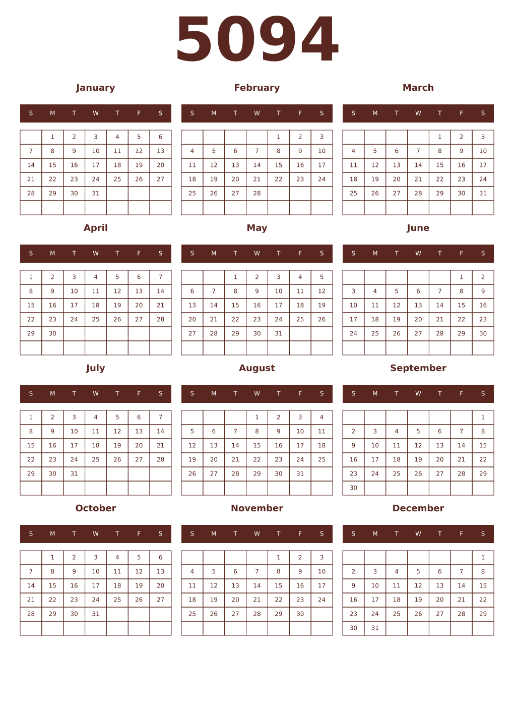 Printable 5094 Year Calendars mortuum