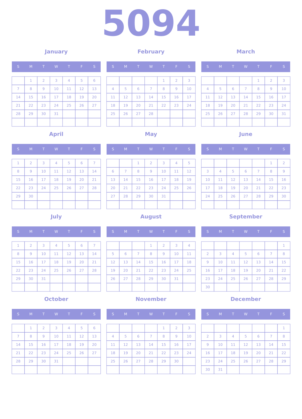 Printable 5094 Year Calendars periwinkle