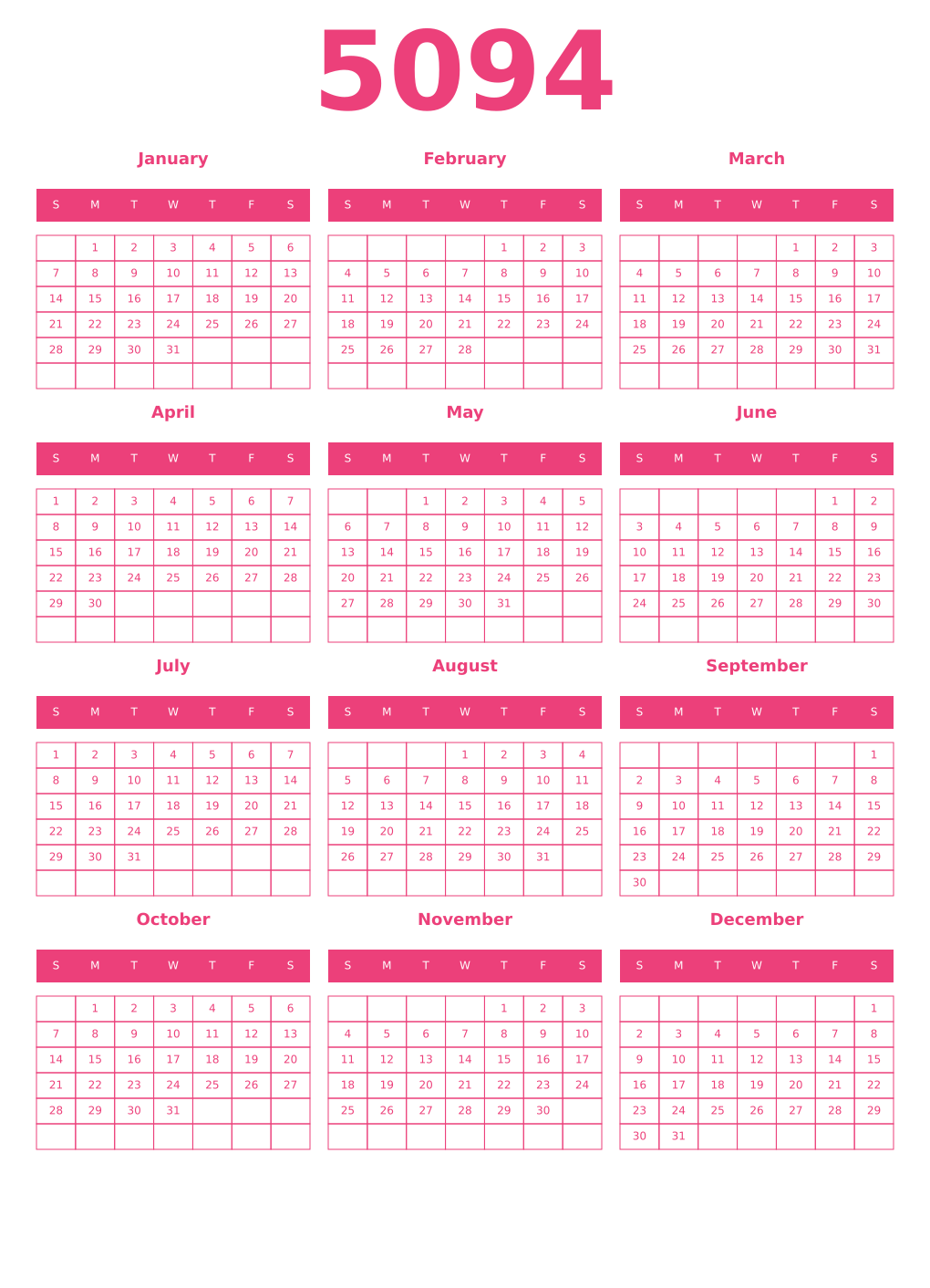Printable 5094 Year Calendars pink