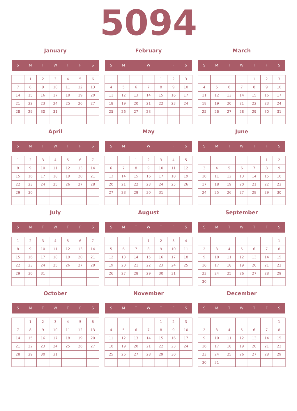 Printable 5094 Year Calendars puce