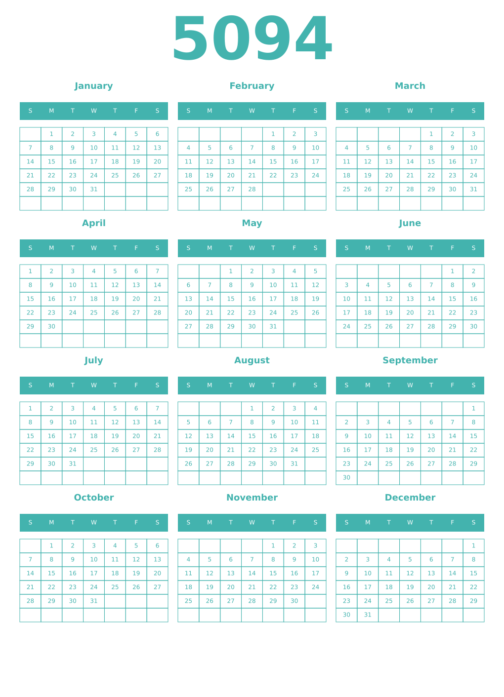Printable 5094 Year Calendars verdigris
