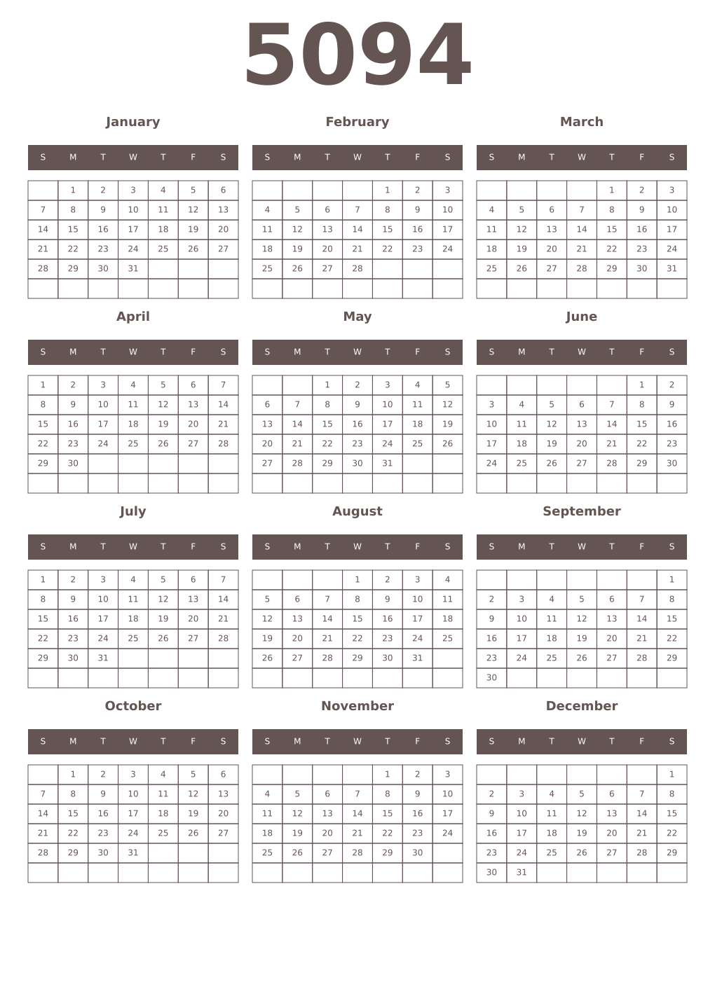 Printable 5094 Year Calendars wenge