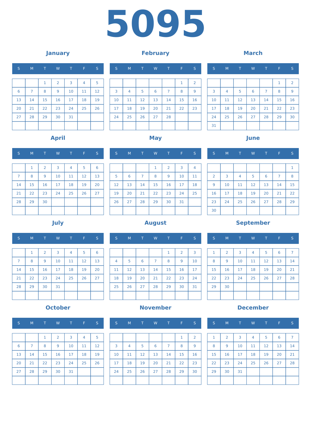 Printable 5095 Year Calendars blue