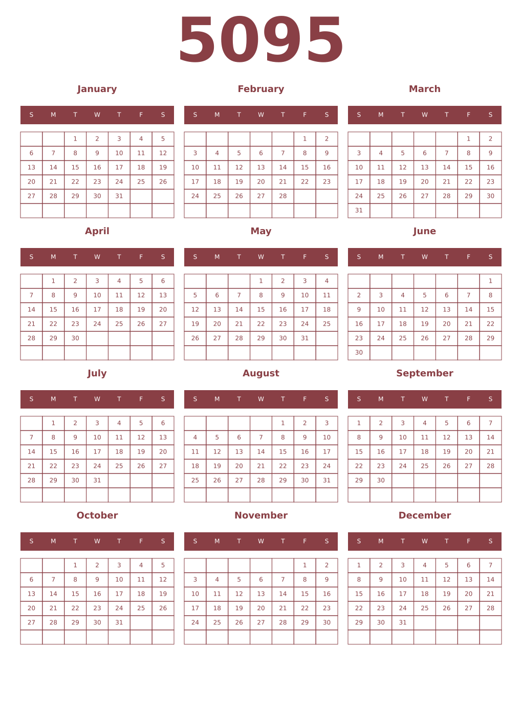 Printable 5095 Year Calendars cordovan