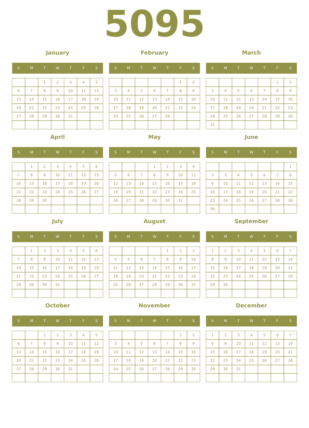 Printable 5095 Year Calendars eburnean