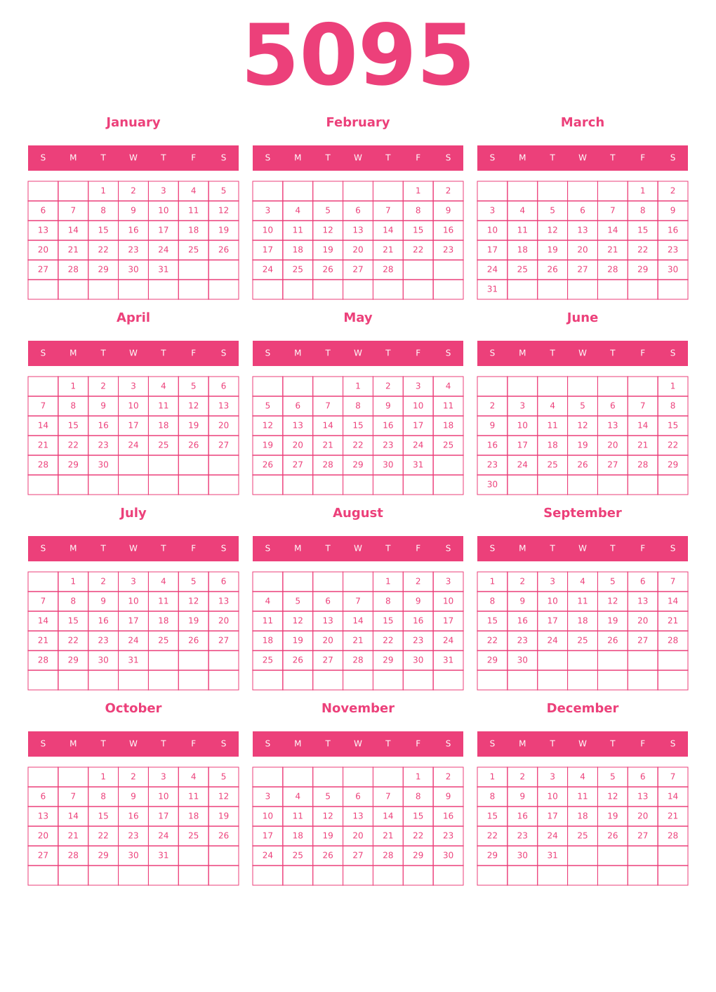 Printable 5095 Year Calendars pink