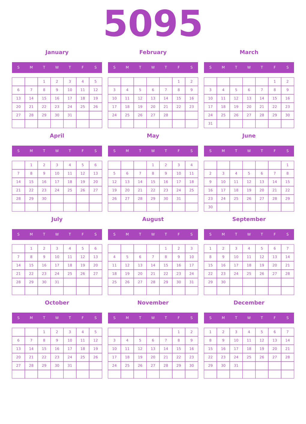 Printable 5095 Year Calendars purple