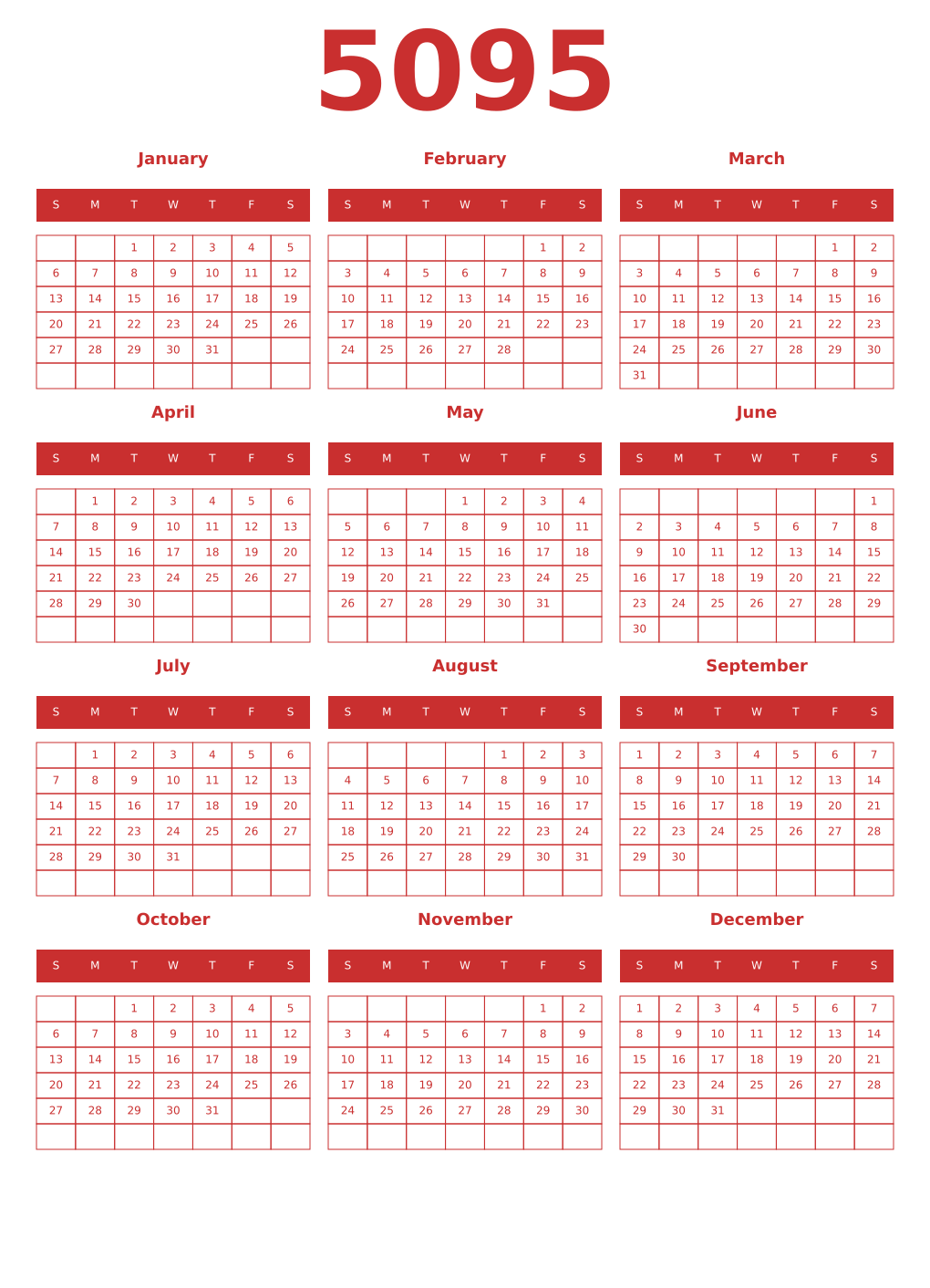 Printable 5095 Year Calendars red