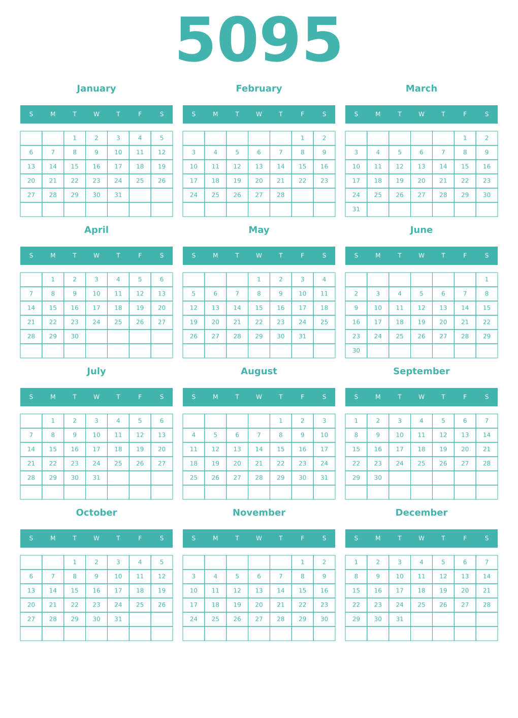 Printable 5095 Year Calendars verdigris