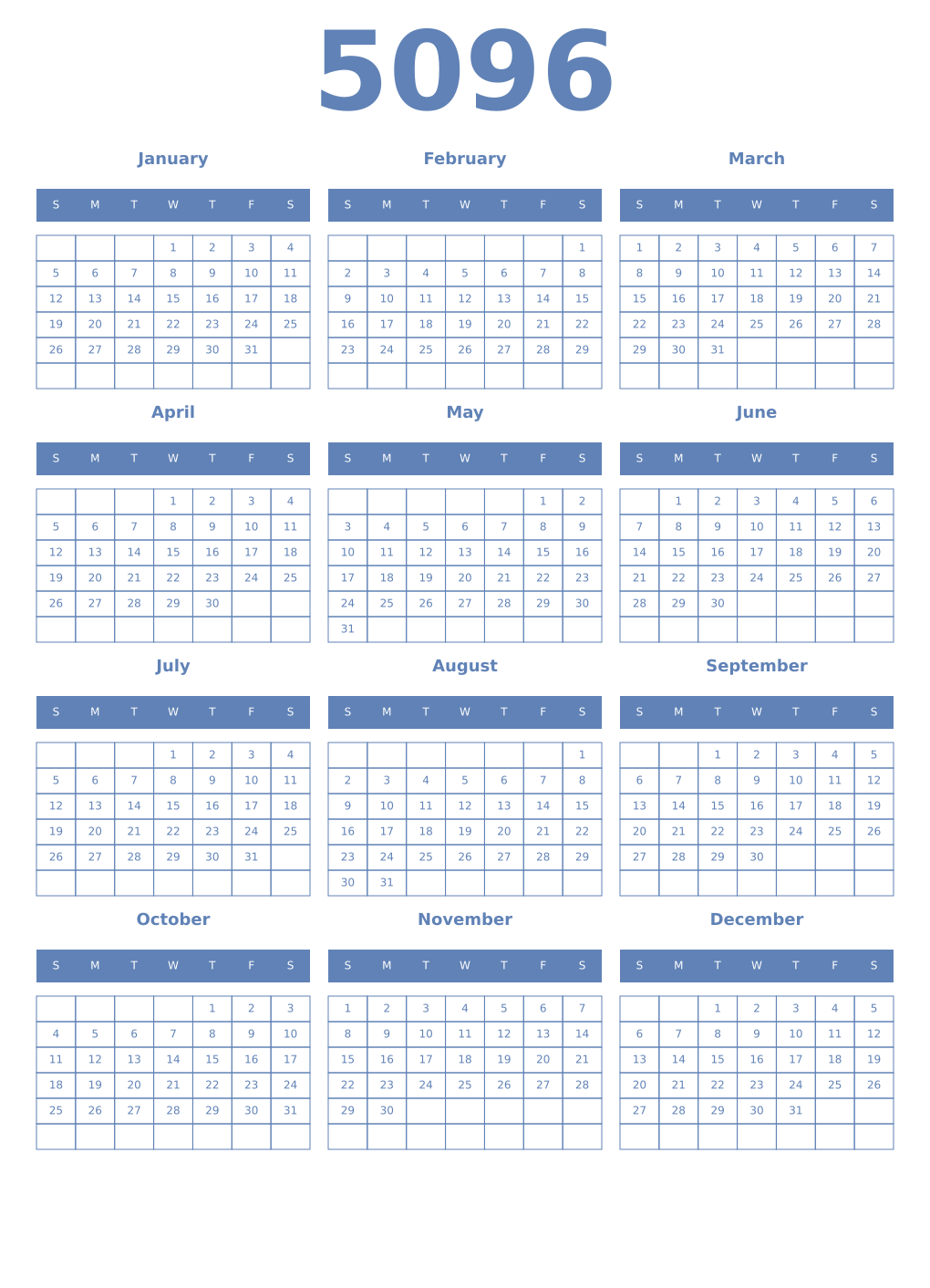 Printable 5096 Year Calendars glaucous