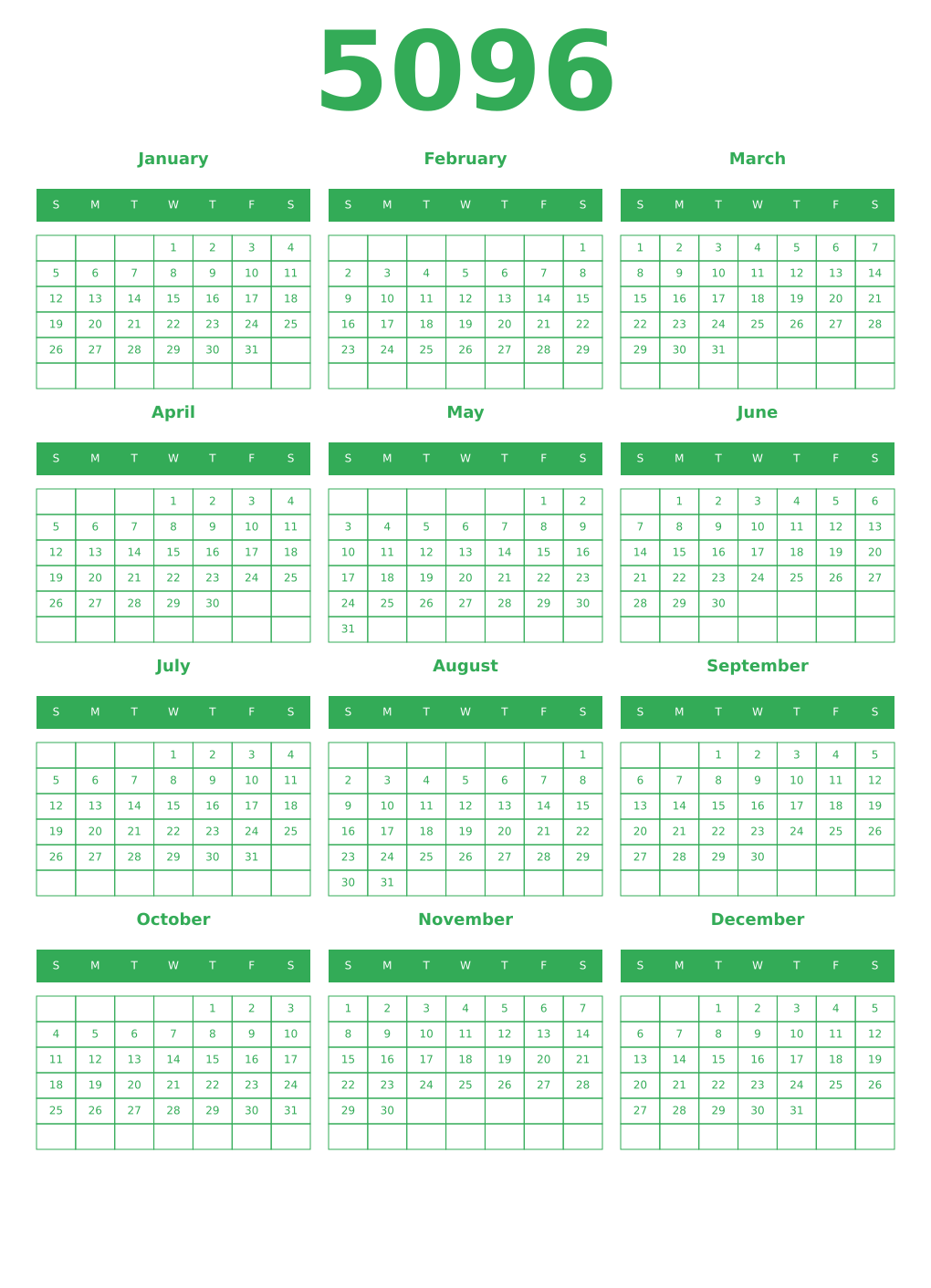 Printable 5096 Year Calendars green