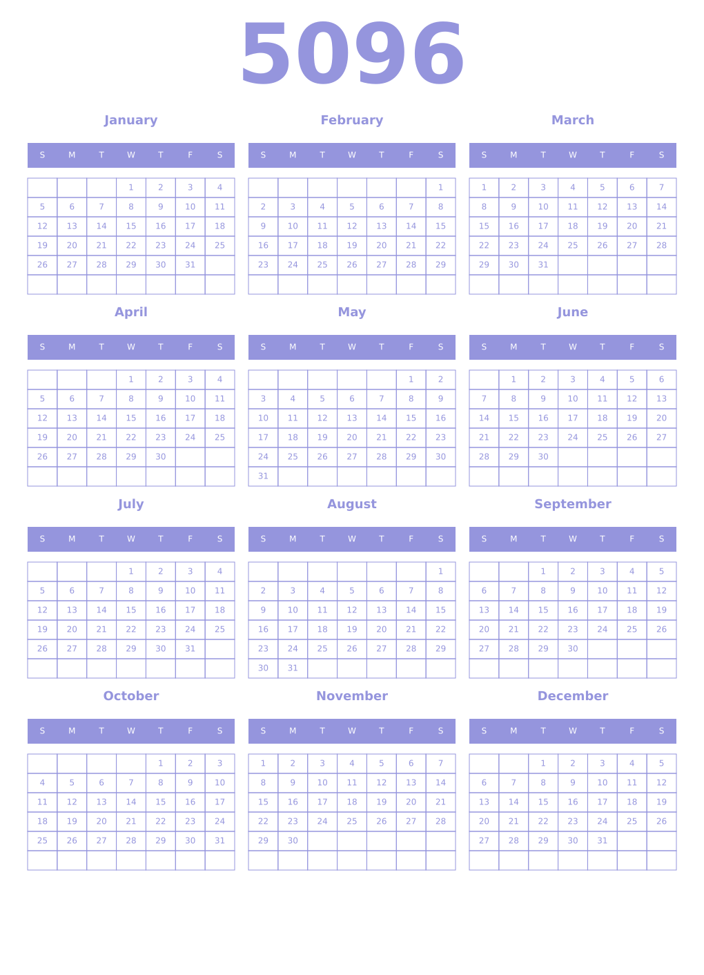 Printable 5096 Year Calendars periwinkle