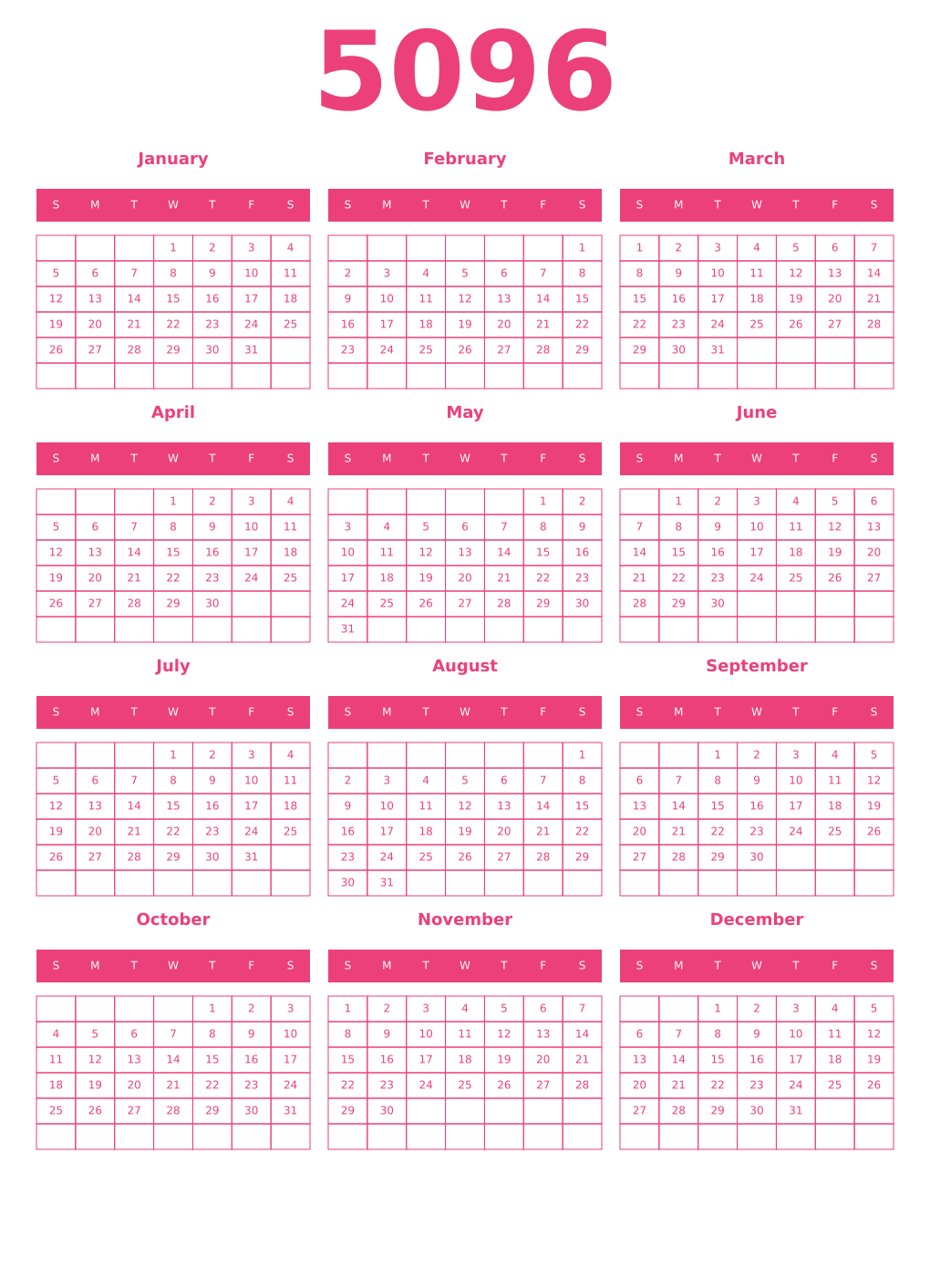 Printable 5096 Year Calendars pink