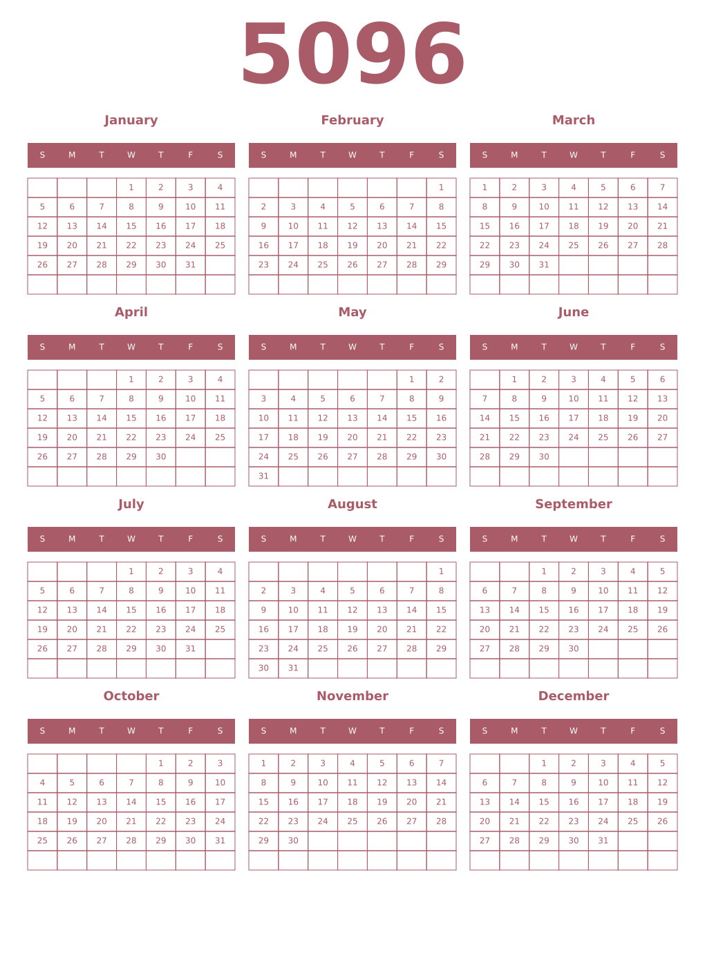Printable 5096 Year Calendars puce