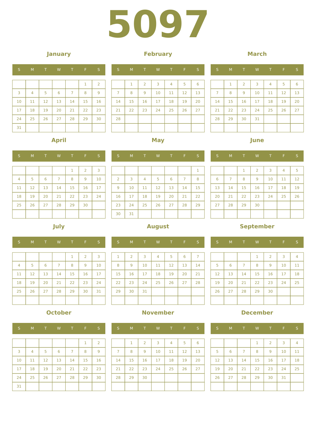 Printable 5097 Year Calendars eburnean