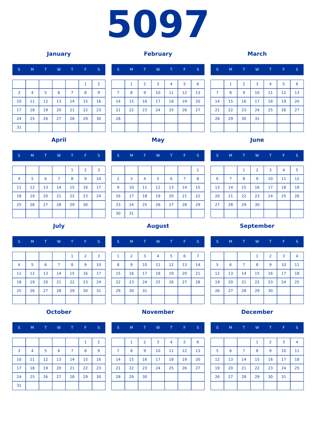Printable 5097 Year Calendars smalt
