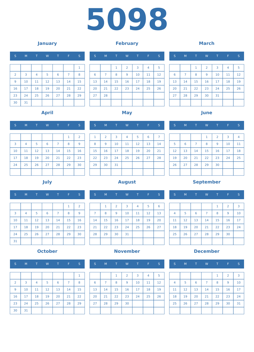 Printable 5098 Year Calendars blue