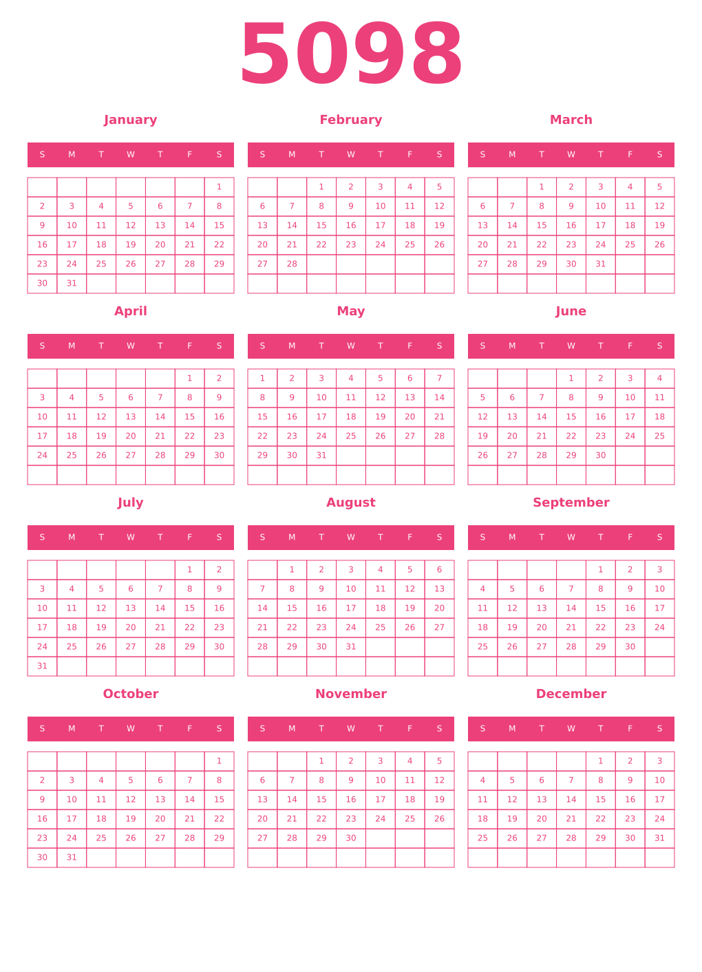 Printable 5098 Year Calendars pink