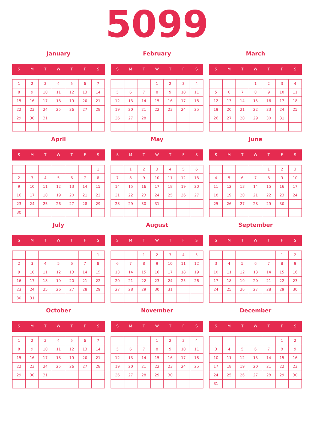 Printable 5099 Year Calendars amaranth
