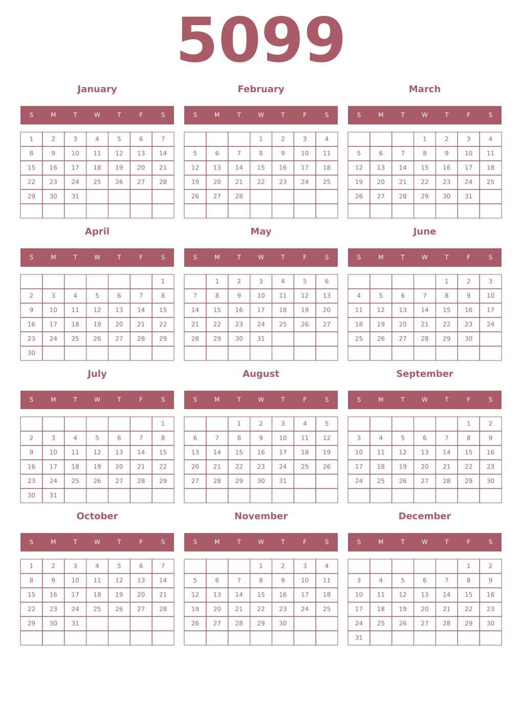 Printable 5099 Year Calendars puce