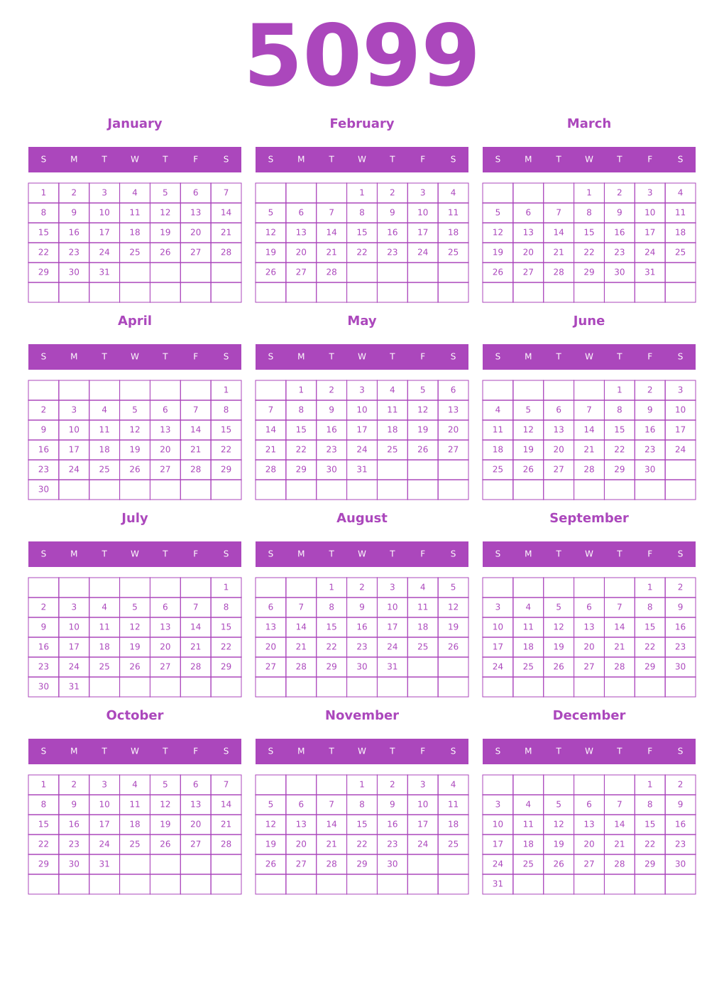 Printable 5099 Year Calendars purple