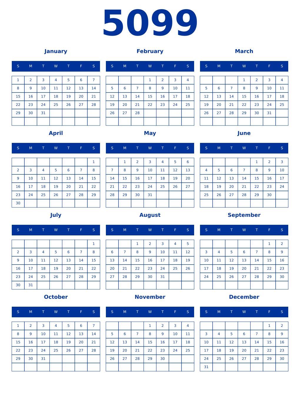 Printable 5099 Year Calendars smalt