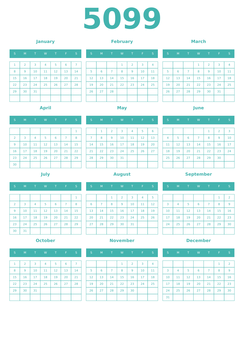 Printable 5099 Year Calendars verdigris