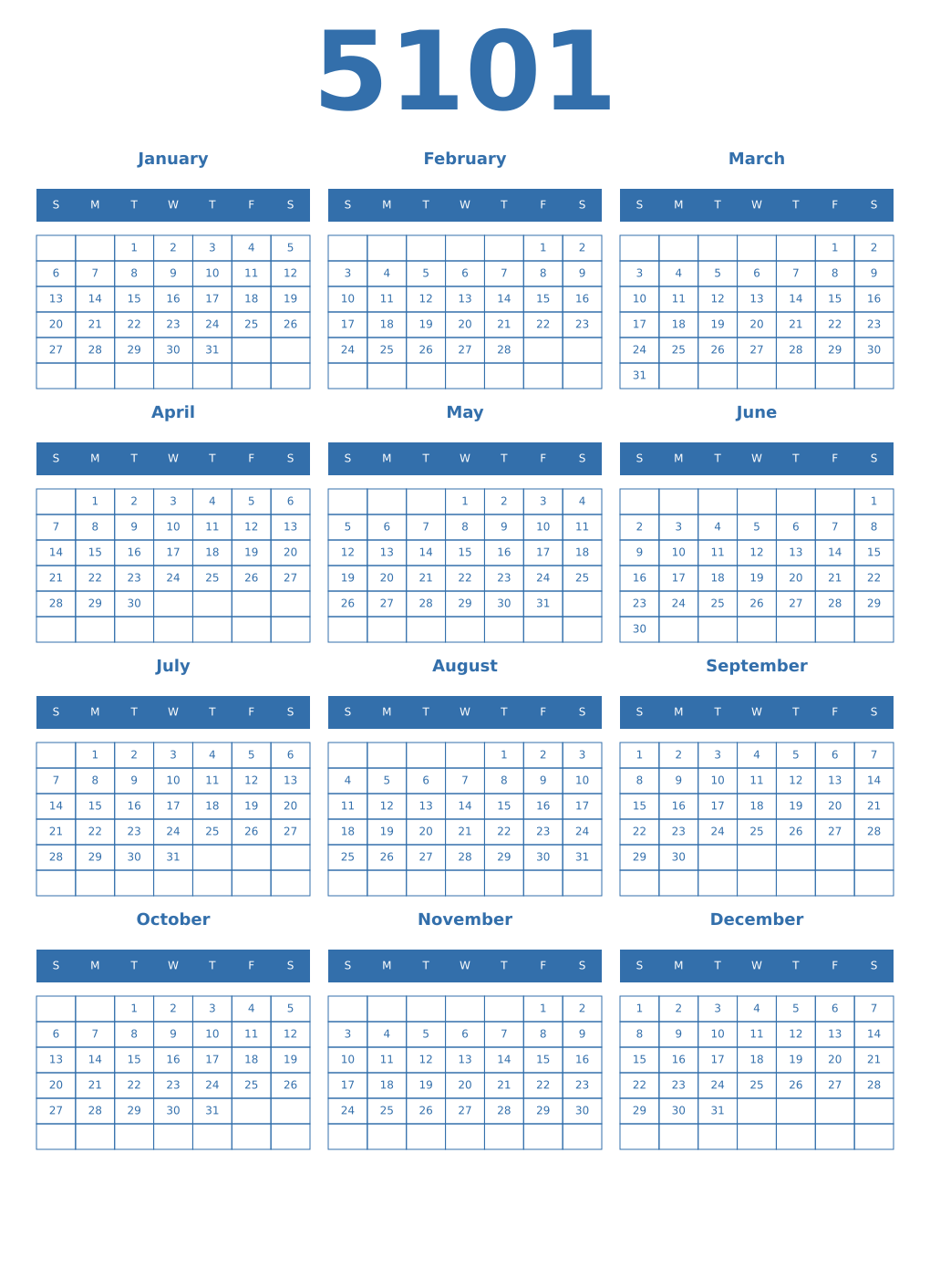Printable 5101 Year Calendars blue