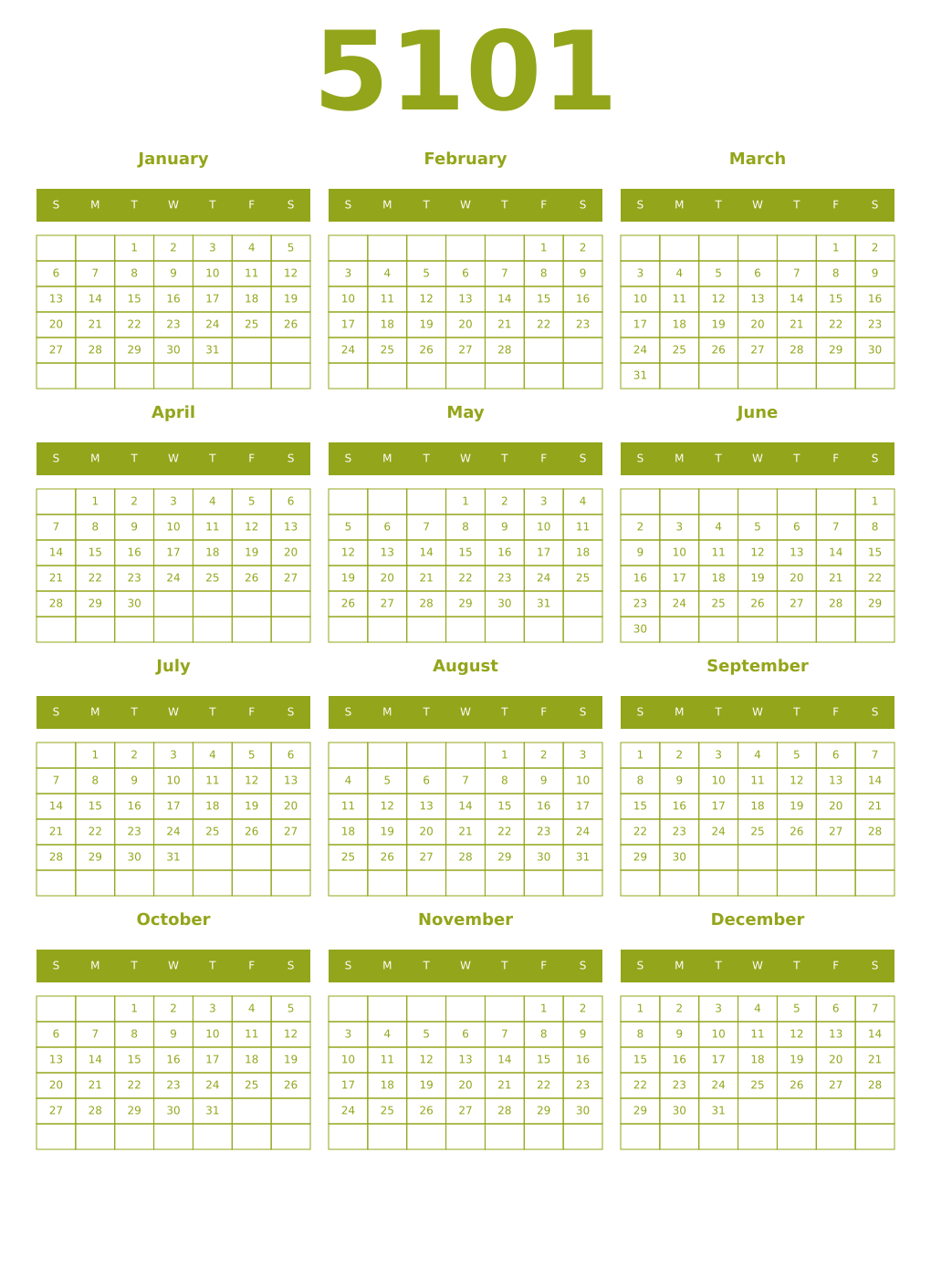 Printable 5101 Year Calendars chartreuse