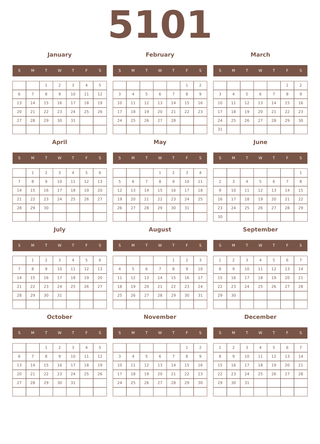 Printable 5101 Year Calendars coffe