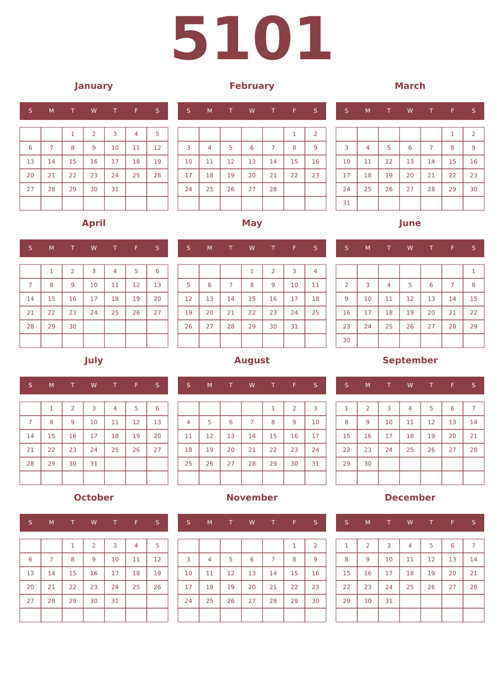 Printable 5101 Year Calendars cordovan