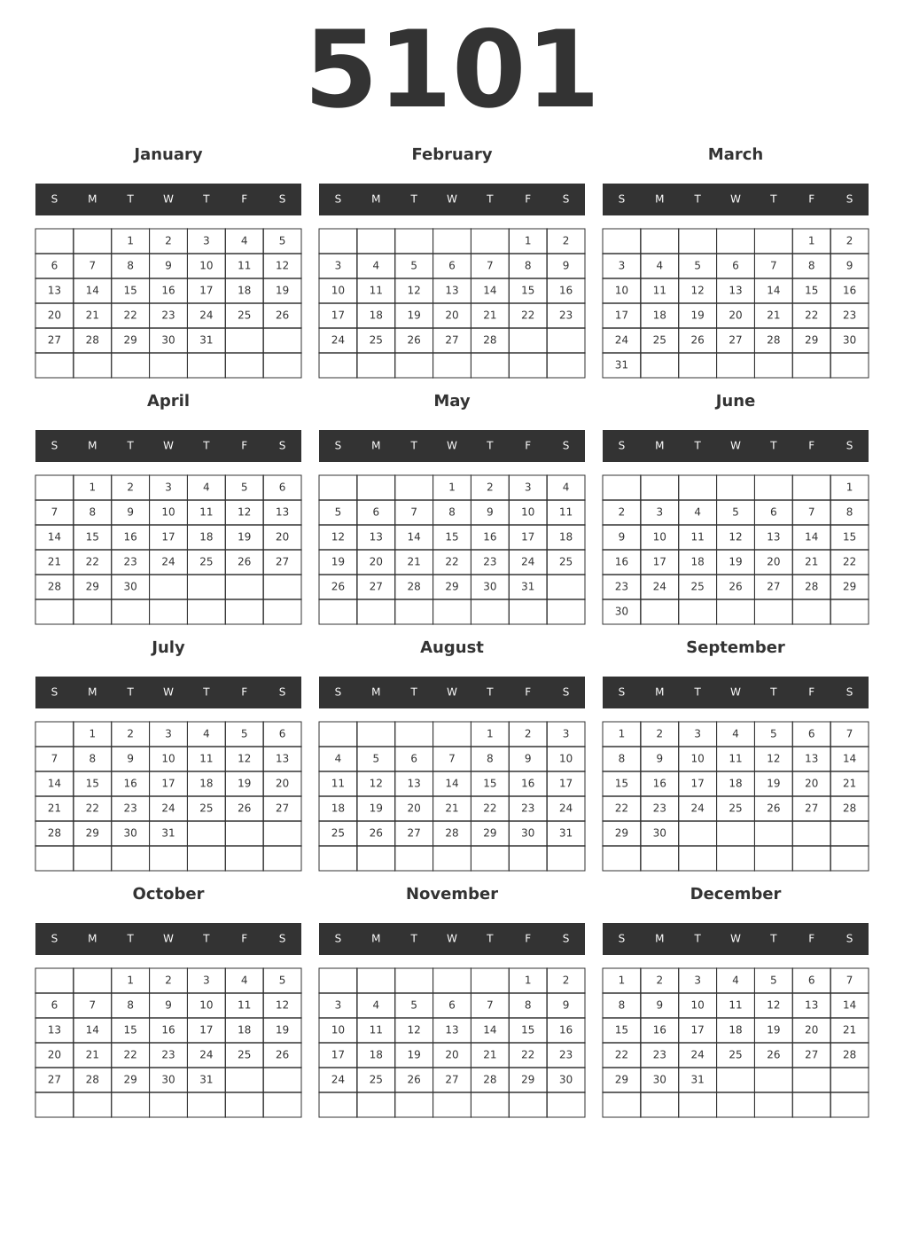 Printable 5101 Year Calendars dark