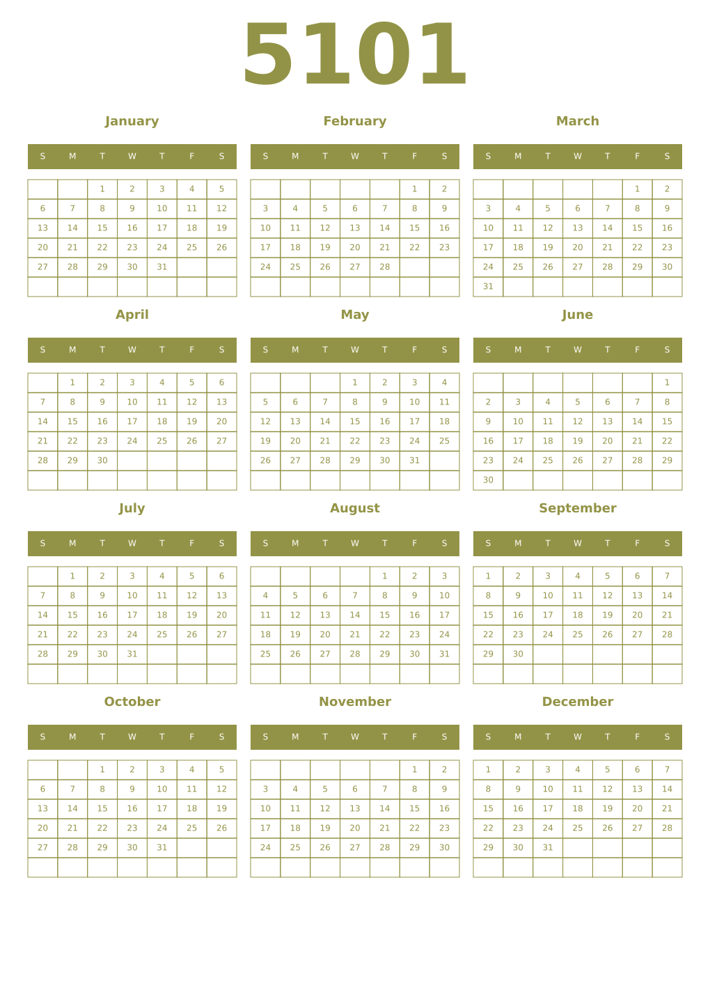 Printable 5101 Year Calendars eburnean