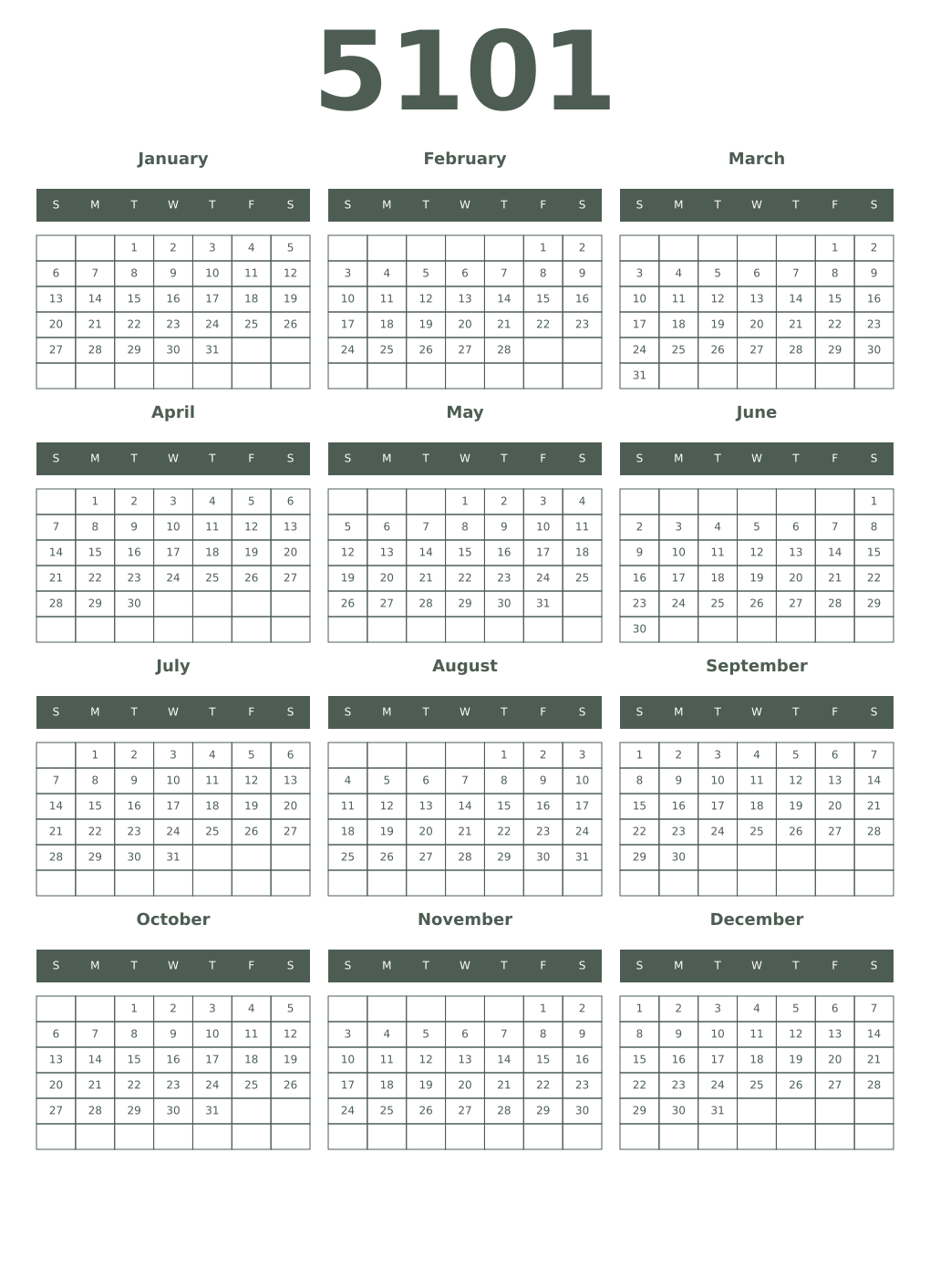 Printable 5101 Year Calendars feldgrau