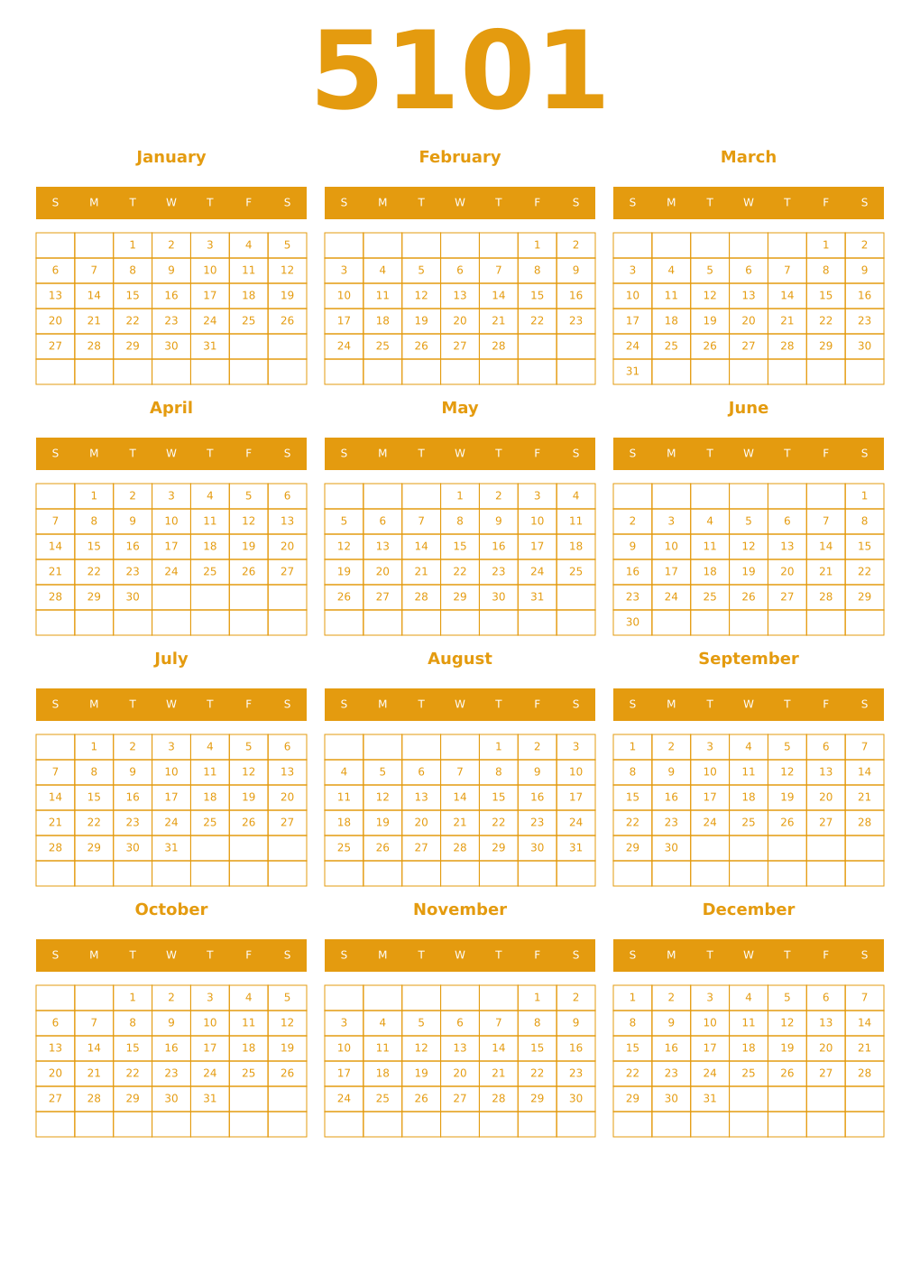Printable 5101 Year Calendars gamboge
