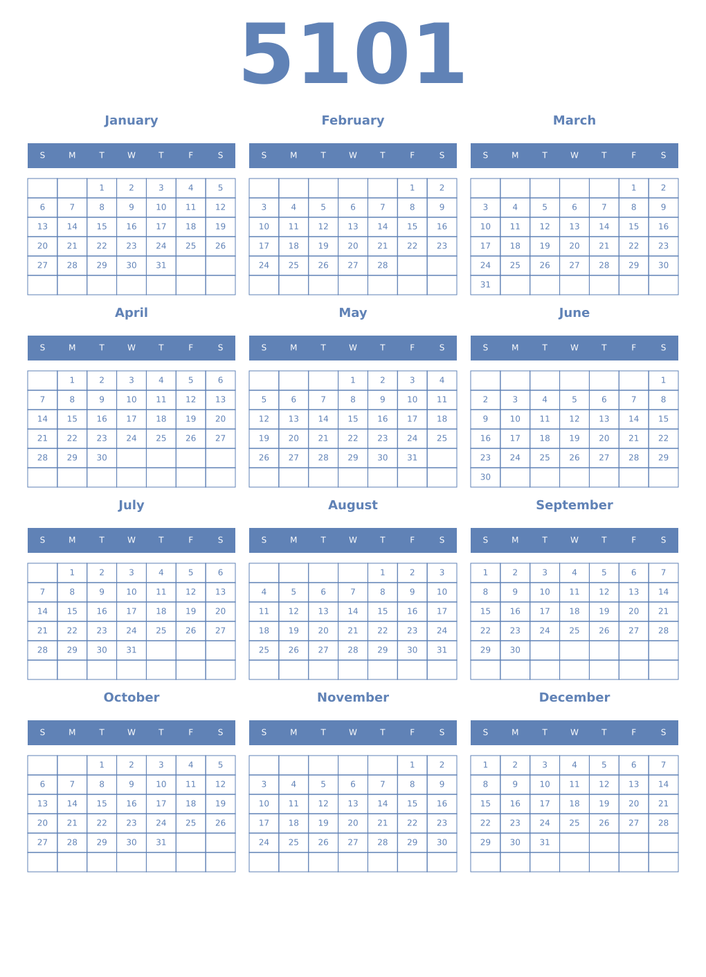 Printable 5101 Year Calendars glaucous