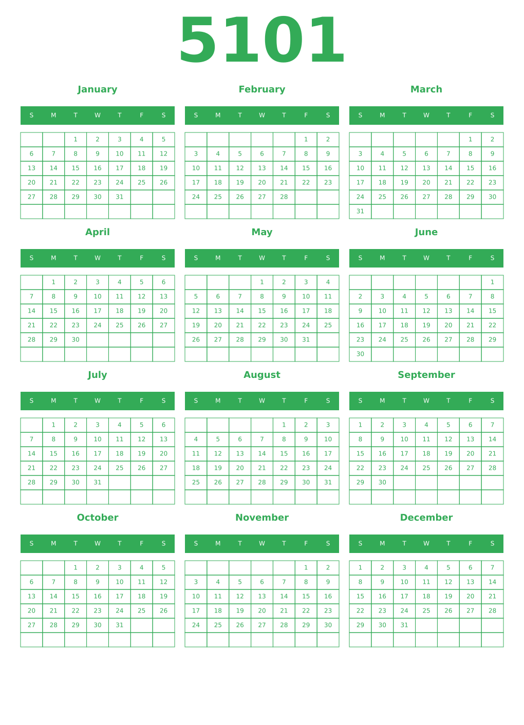 Printable 5101 Year Calendars green