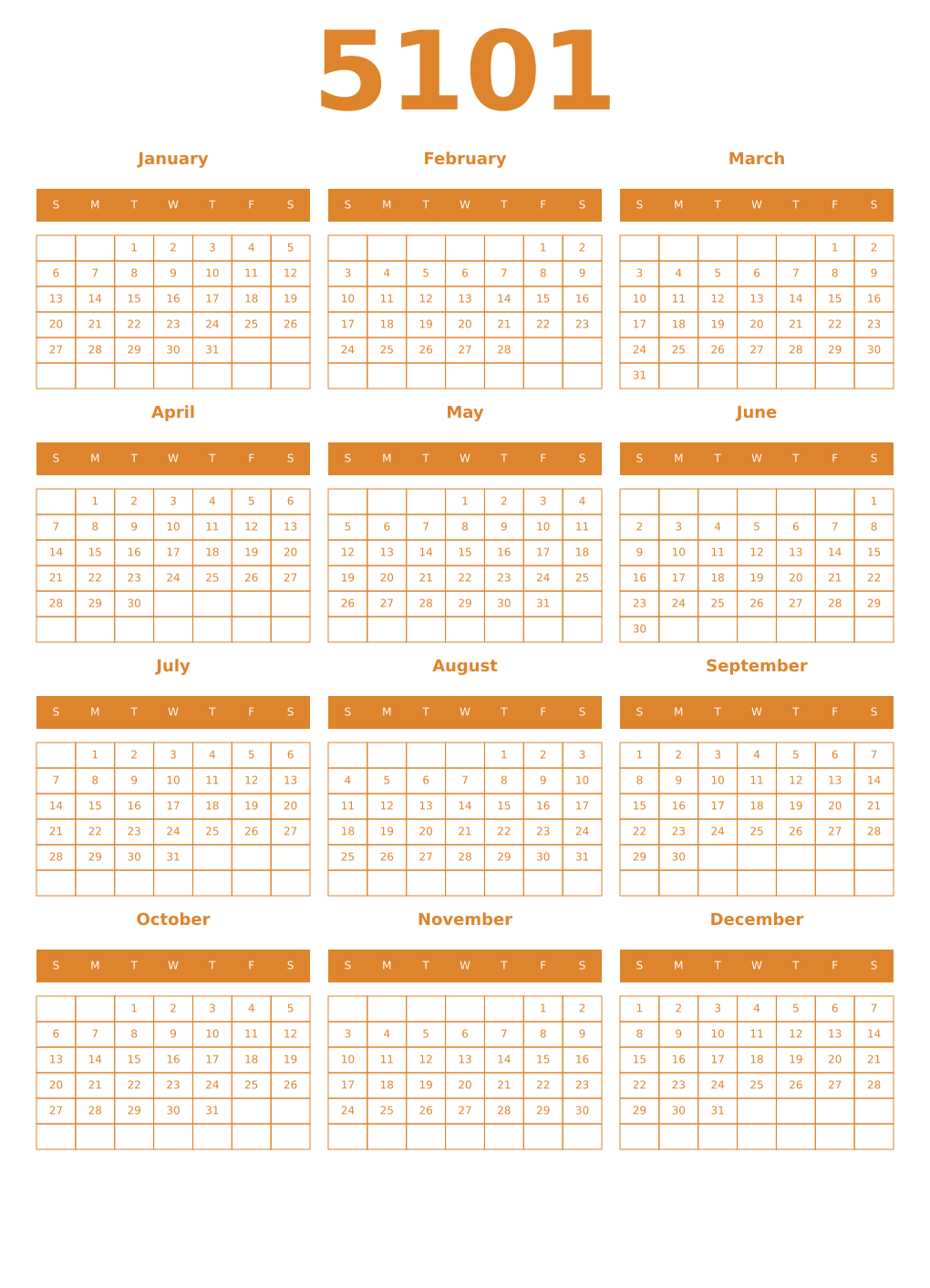 Printable 5101 Year Calendars orange