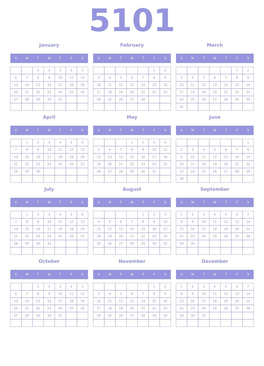 Printable 5101 Year Calendars periwinkle
