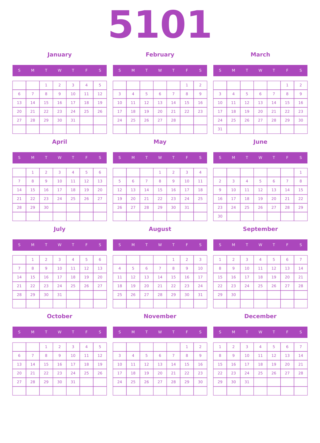 Printable 5101 Year Calendars purple