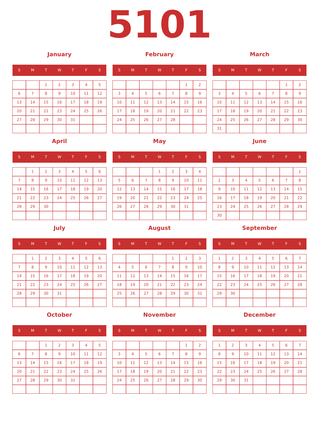 Printable 5101 Year Calendars red