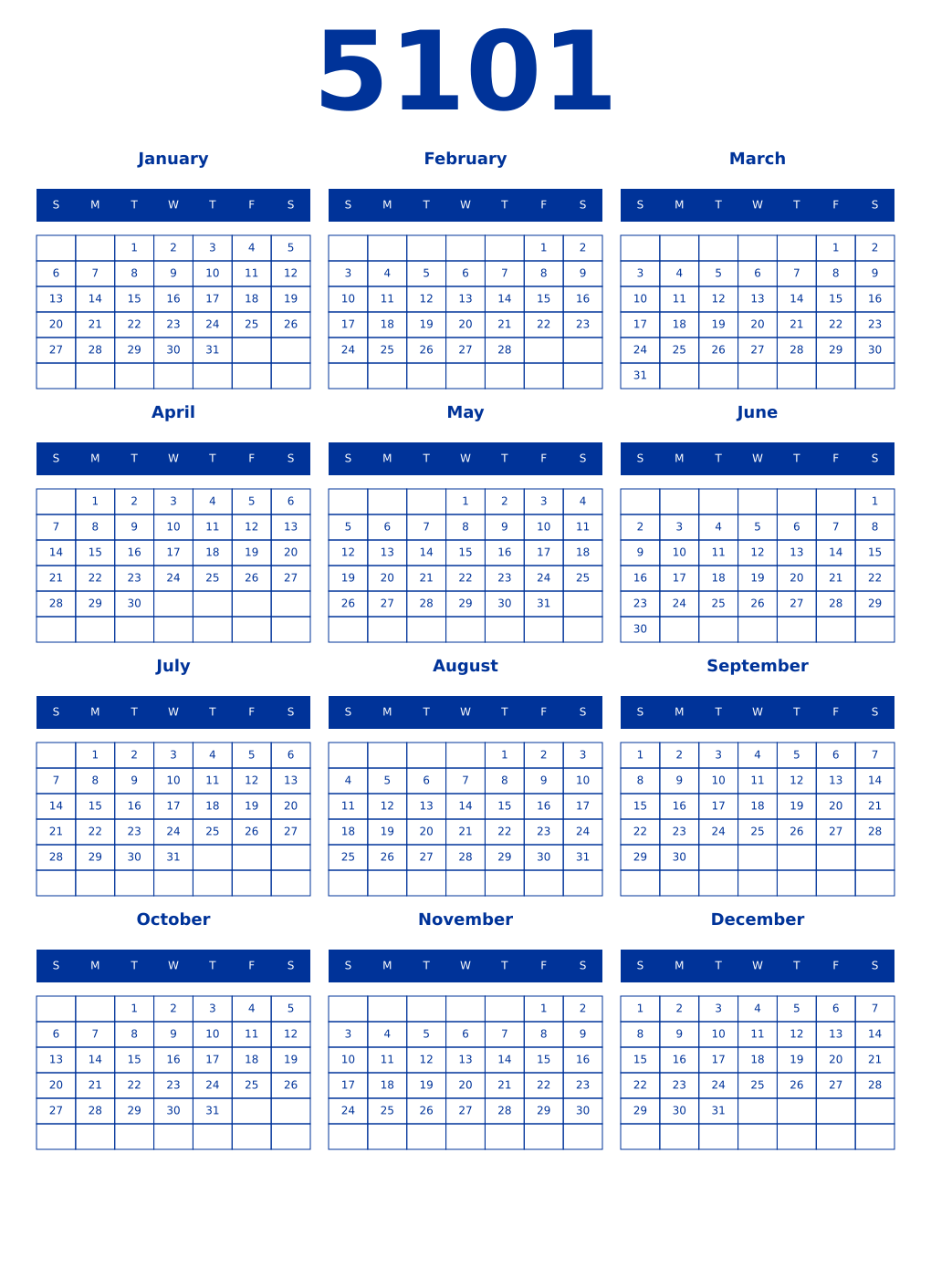 Printable 5101 Year Calendars smalt