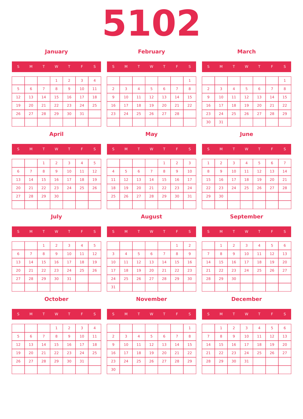 Printable 5102 Year Calendars amaranth