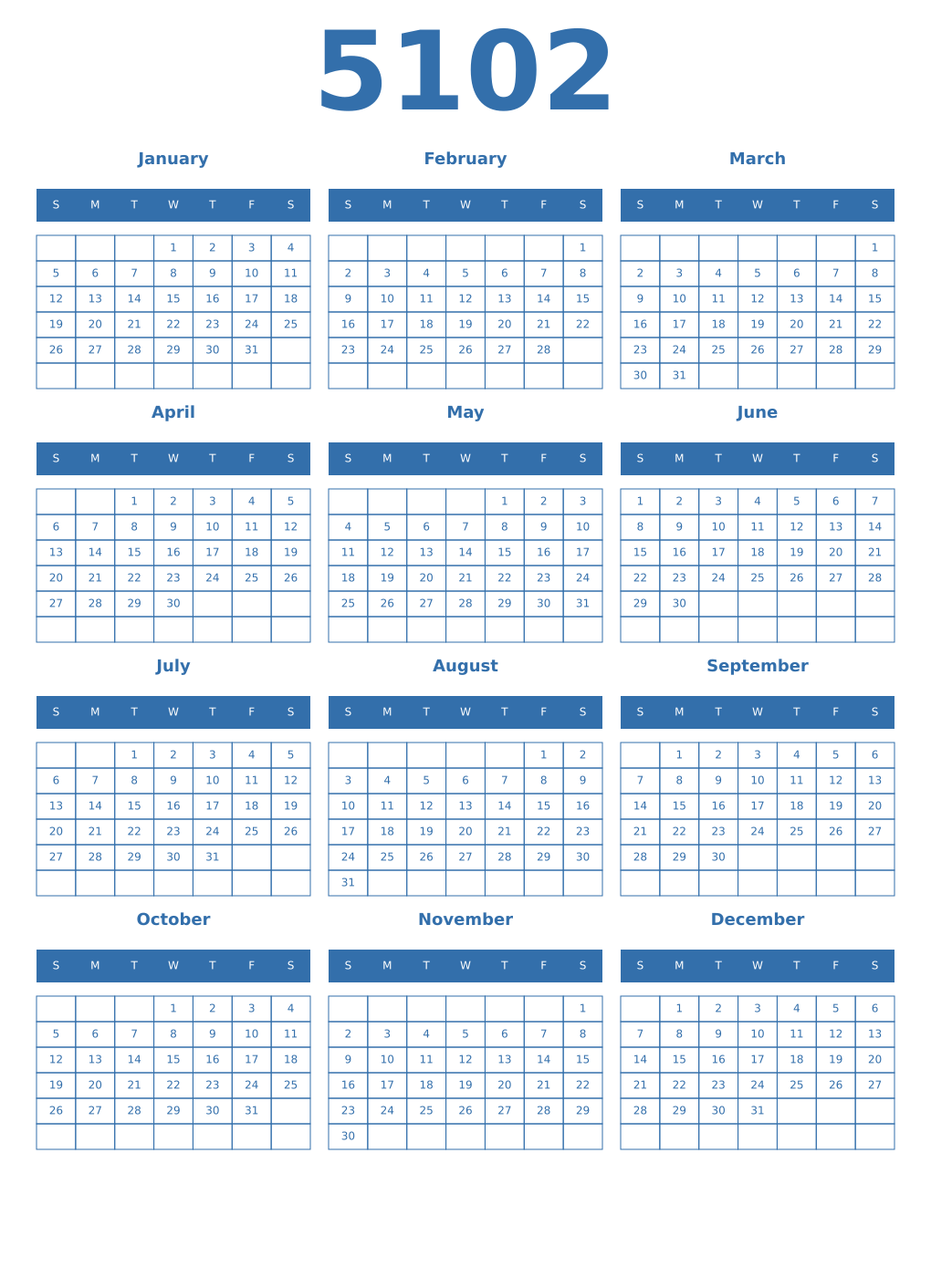 Printable 5102 Year Calendars blue
